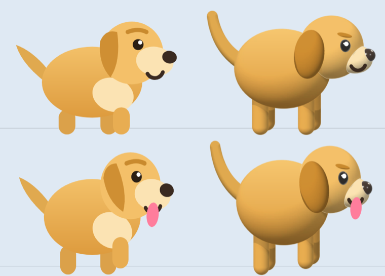 The original 2D drawing of the dog beside the baked 3D toy, in two poses