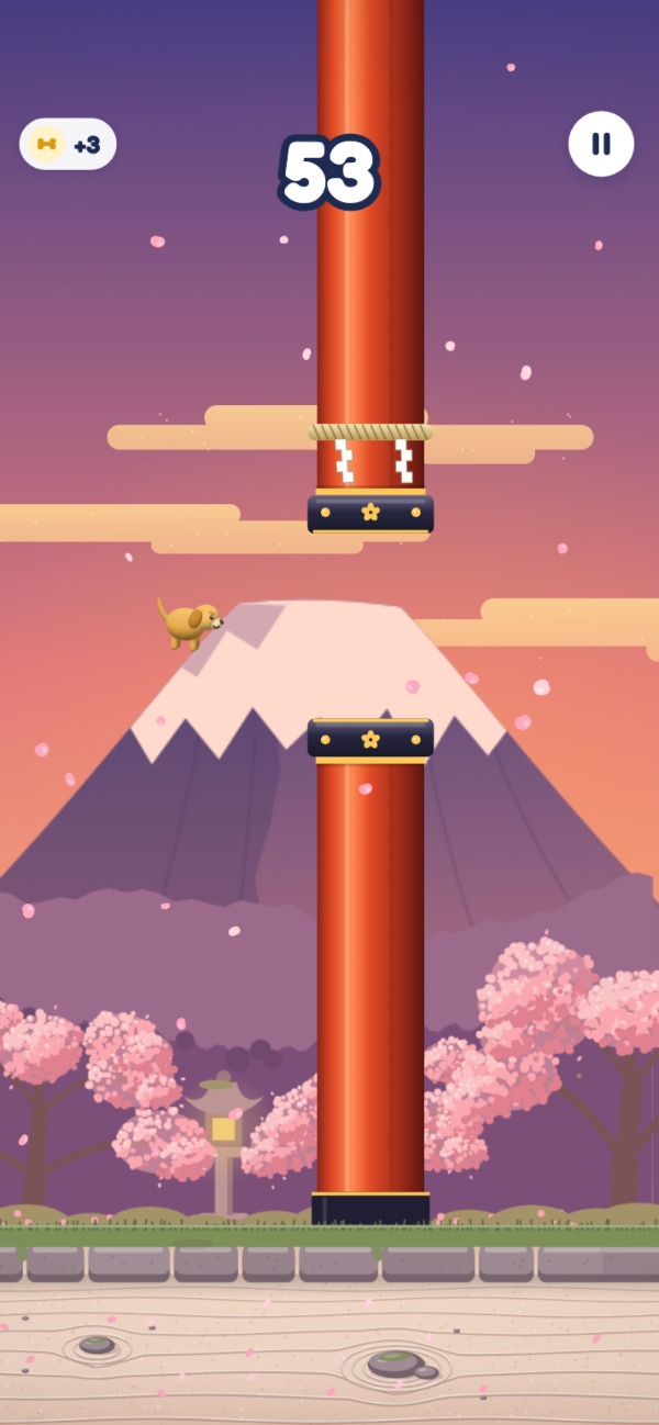 SHRINE HOP: the pup bouncing between vermilion pillars at sunset, Fuji and the pagoda behind