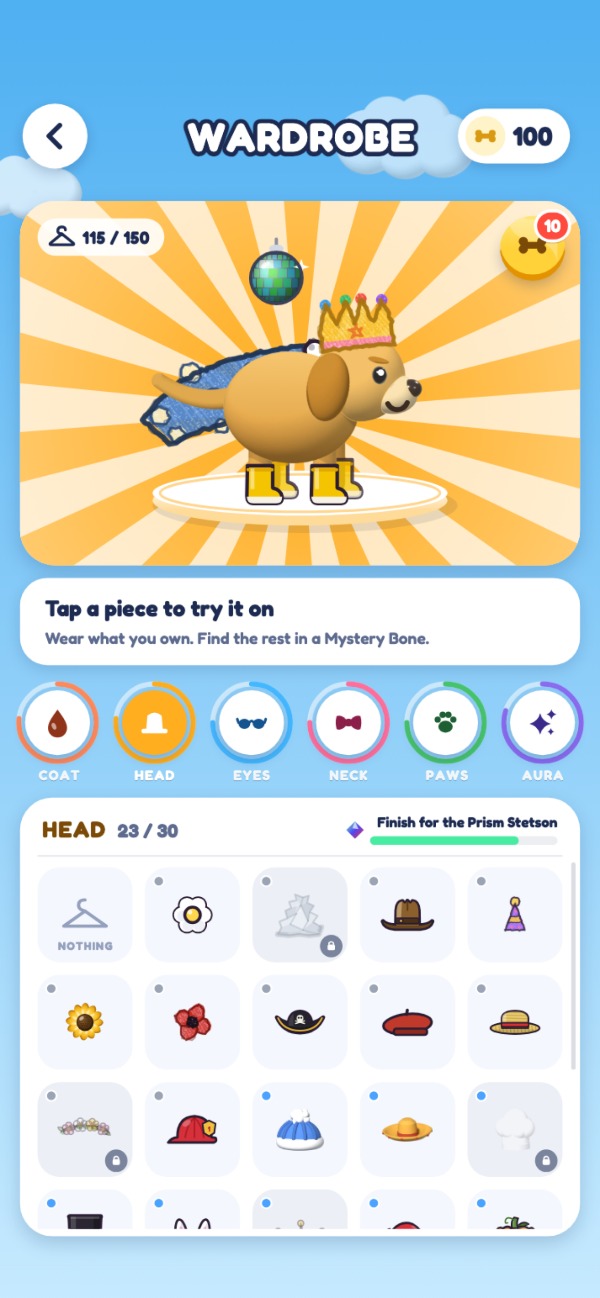 The wardrobe: the pup on a sunburst stage, dressed from the racks below
